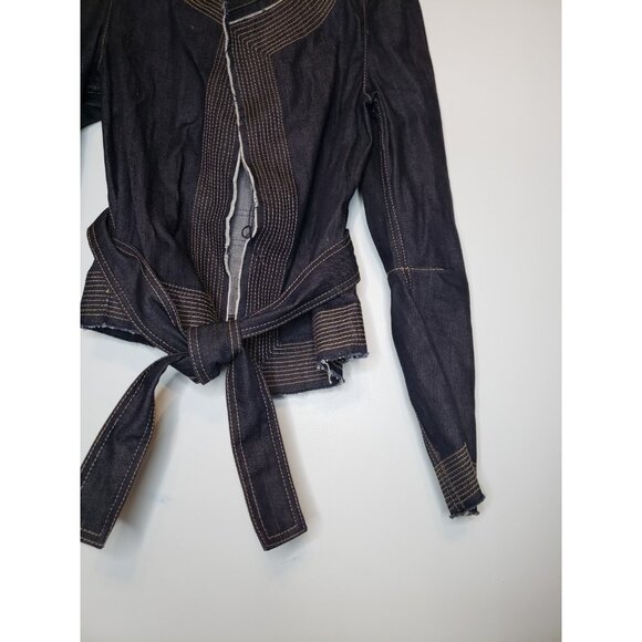 BCBGMAXAZRIA Women XS Jean Jacket Belted Open Front Denim Dark Blue Y2K Stitches - Picture 4 of 6